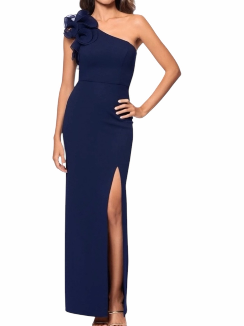 Xscape Marianna One Shoulder Flower Navy Scuba Crepe Gown size 12 NWT